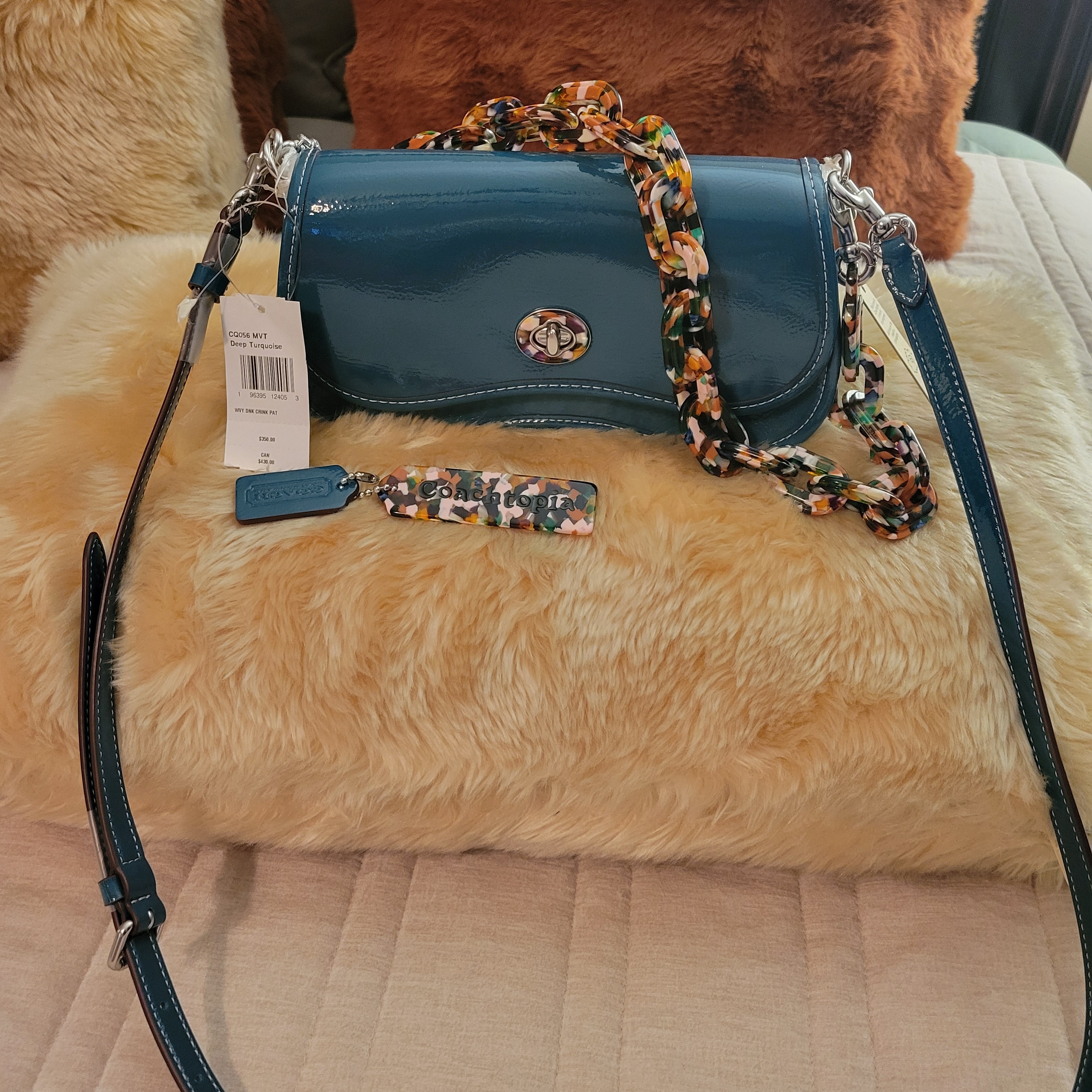 Coach Teal Patent Leather Shoulder Bag With Floral Chain Strap